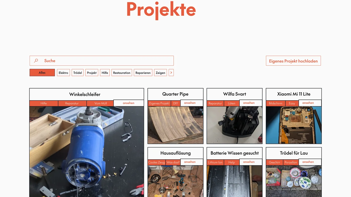Die Projektübersicht mit Suchfeld, Filterreihe und Kacheln zu einzelnen Reparaturen.