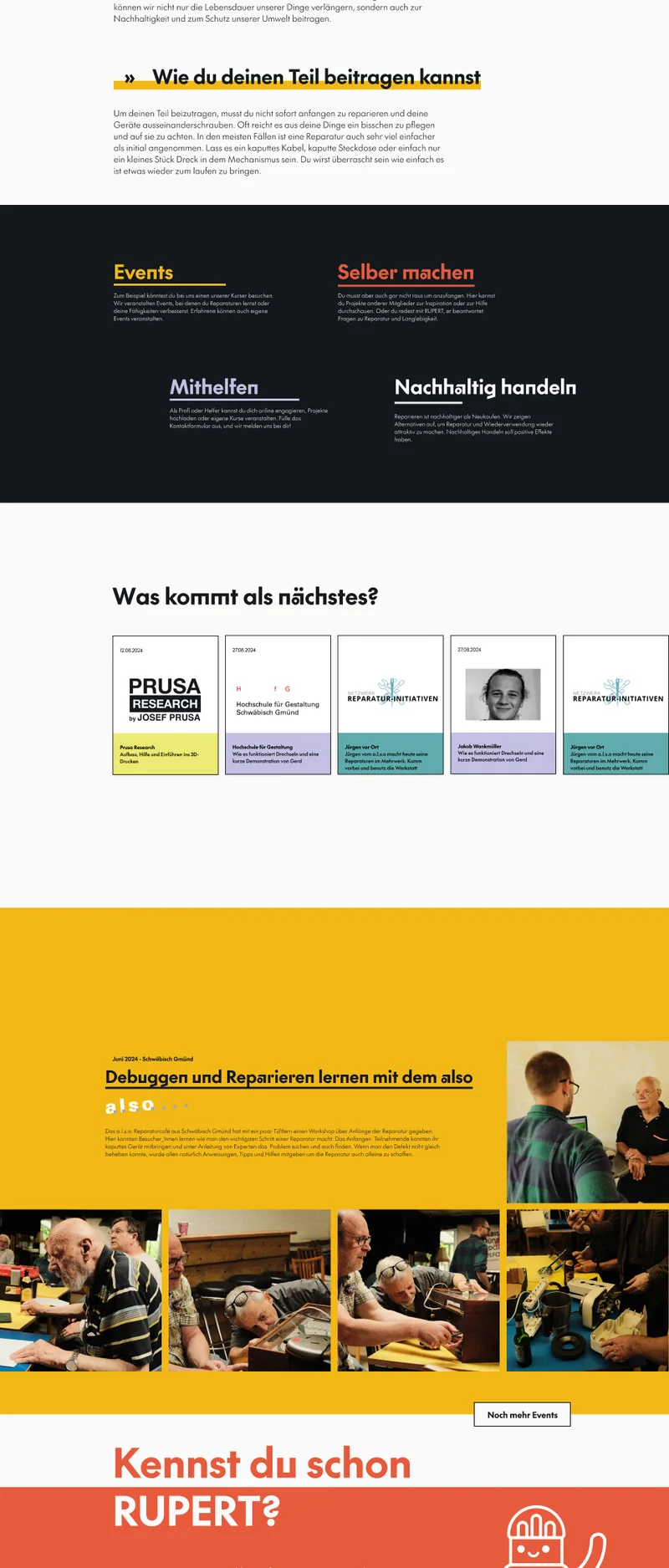 Die Startseite von dasmehrwerk.de in voller Länge: Einführungstext, Kacheln zu Events und Selbermachen, eine Projektgalerie und der rote Block „Kennst du schon RUPERT?“.