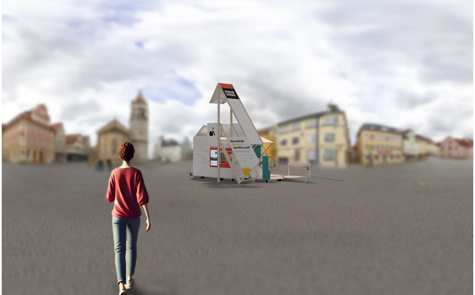 Weiter Altstadtplatz, in der Mitte steht der geschlossene Baukörper klein und hell zwischen den Häusern, im Vordergrund geht eine Person darauf zu.