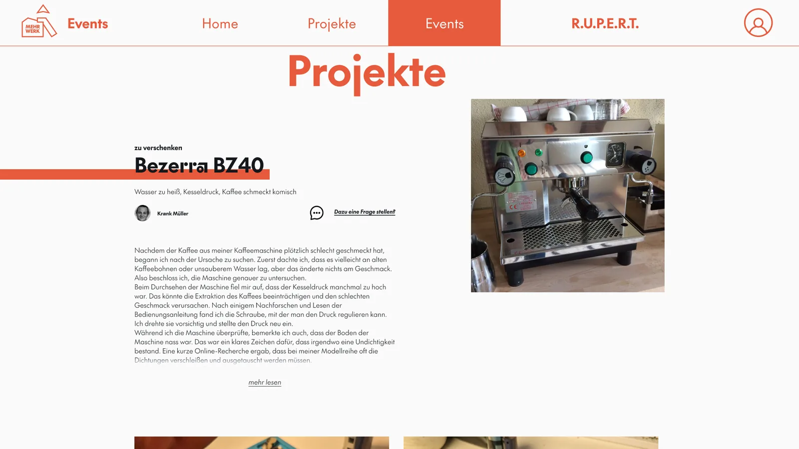 Bildschirmansicht der Website: die Projektseite zu einer Espressomaschine Bezerra BZ40 mit Foto, Beschreibung und Kommentaren.