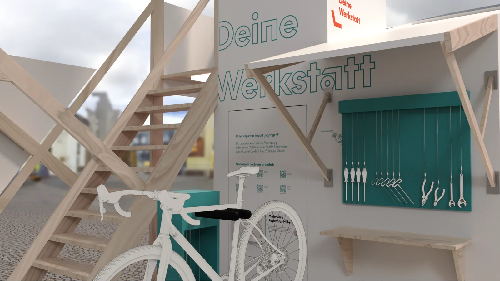 Die Werkstattseite mit dem Schriftzug „Deine Werkstatt“ in Kontur, ein Fahrrad im Ständer, daneben eine türkise Werkzeugwand.